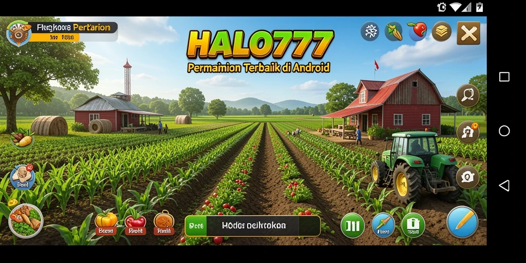 Tampilan gameplay HALO777 dengan ladang yang subur dan hewan-hewan lucu.