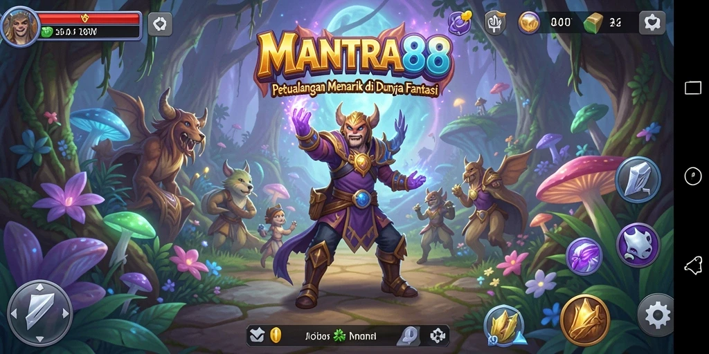 Screenshot utama MANTRA88 menampilkan karakter eksplorasi di dunia fantasi.