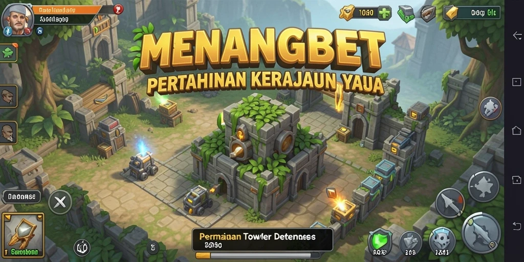 Tampilan gameplay MENANGBET dengan menara dan musuh yang penuh aksi.