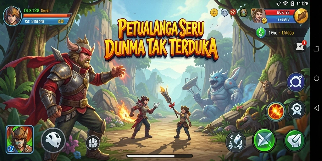 Screenshot utama menunjukkan aksi seru dalam petualangan OLX128.