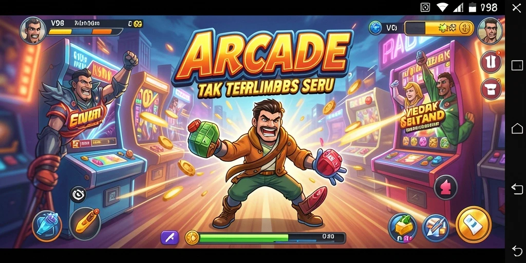 Tampilan gameplay seru dari V98 yang menampilkan aksi arcade yang mendebarkan.